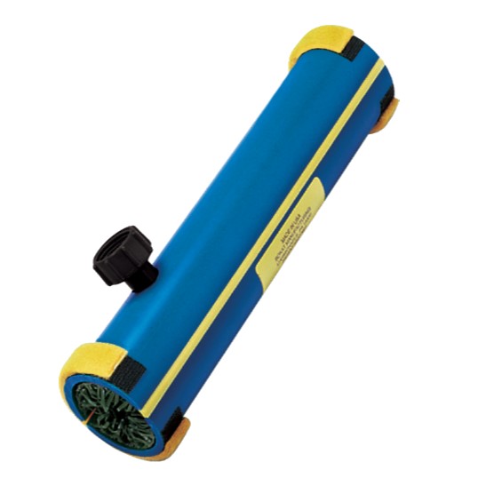 Blue cylindrical roller tool with yellow end caps and a black adjustment knob, likely used to press or smooth material.