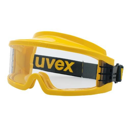 Yellow UVEX safety goggles with an adjustable black strap for eye protection against dust and debris.